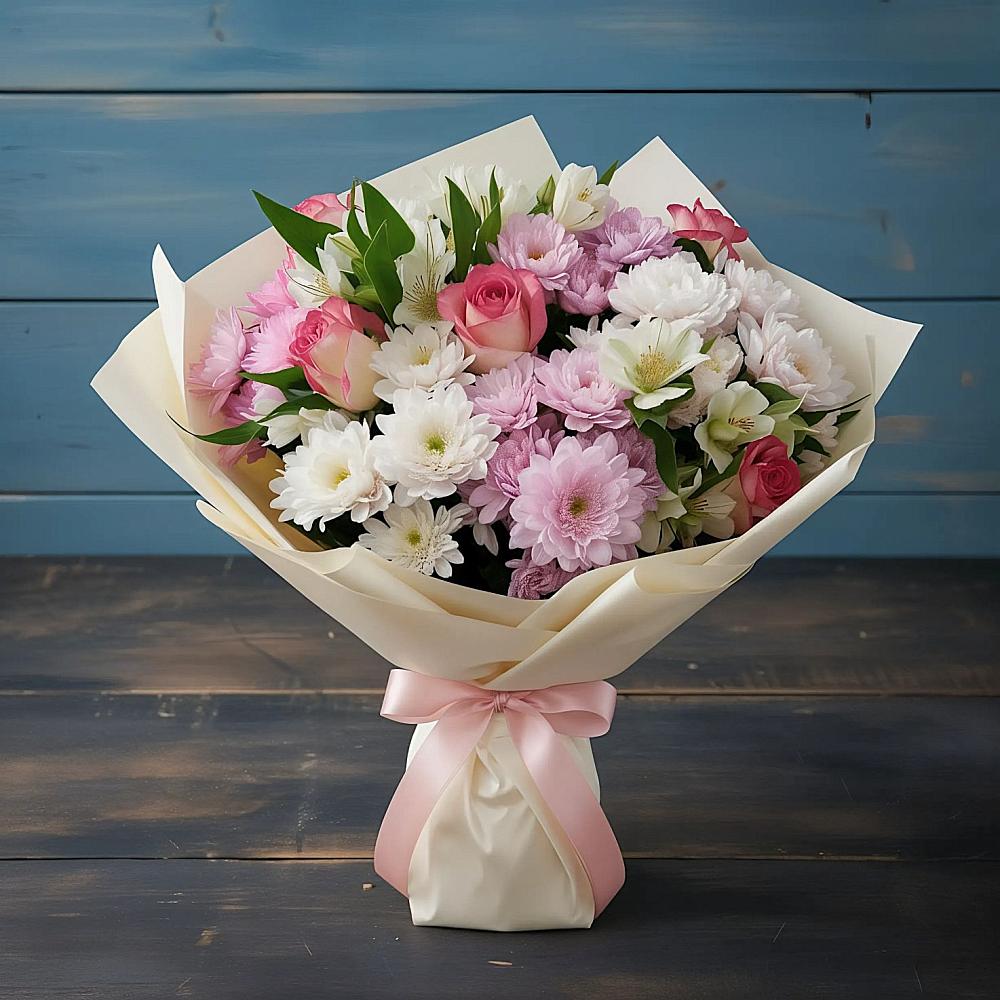 Букет цветов из: Хризантемы, Альстромерии и Розы в Войсковицы